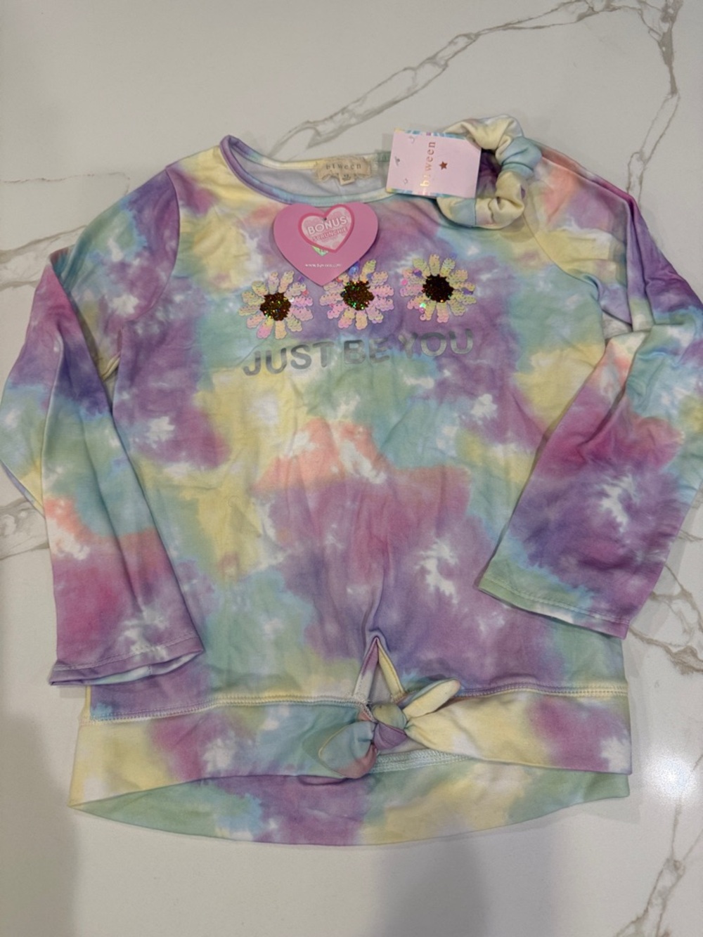 btween Pastel Tie-Dye Tee with Sequin Flower Accents and Matching Scrunchie